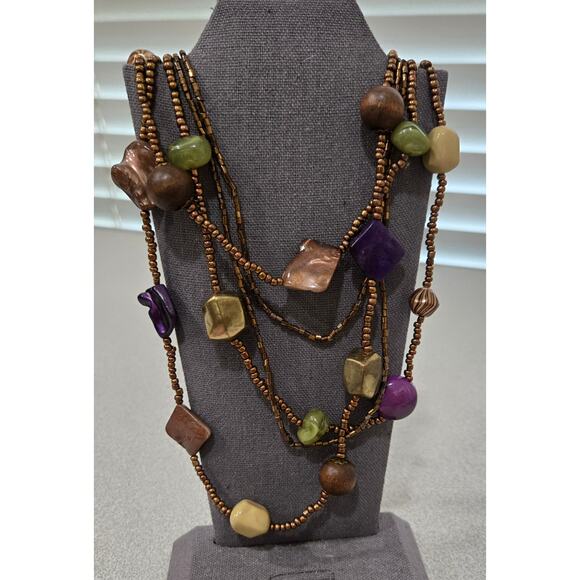 Gold Beaded Multicolor 5 Strand Necklace Lobster Clasp - Picture 1 of 4